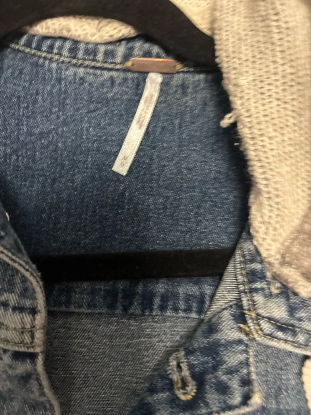 Free People Blue Denim Jacket with Gray Hoodie Sleeves - Picture 3 of 8